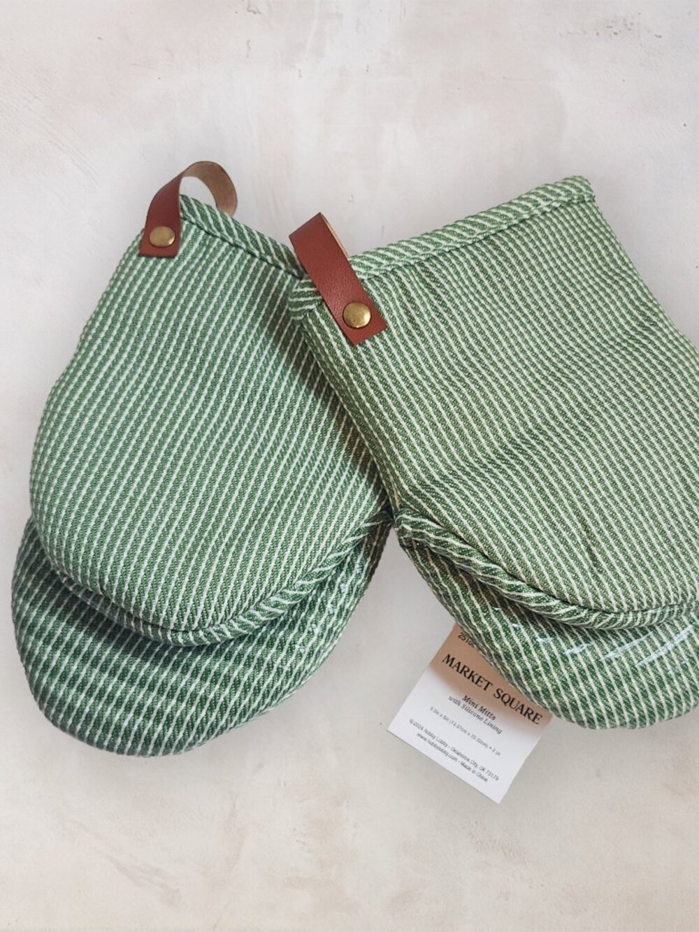 NWT Market Square Sage Green White Stripe Mini Oven Mitts Set Silicone Lining